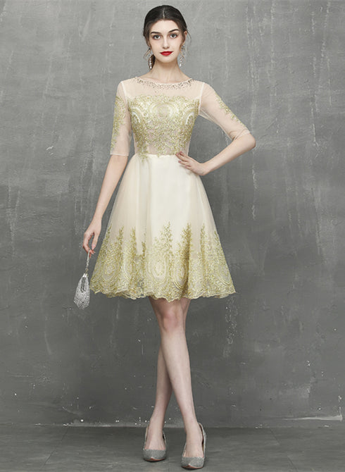 Champagne Knee Length Tulle with Lace Party Dress, Short Homecoming Dress