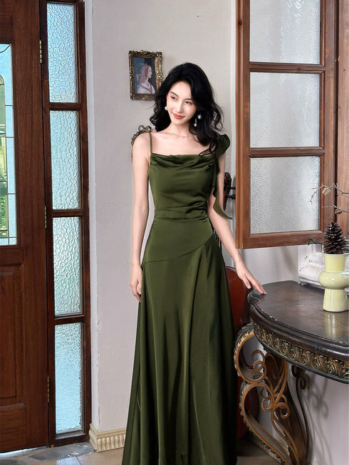 A-line Green Soft Satin Simple Style Prom Dress, Green Floor Length Evening Dress