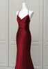 Wine Red Satin Mermaid Straps Low Back Prom Dress, Wine Red Evening Dress
