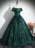 Dark Green Sequins Off Shoulder Ball Gown Prom Dress, Dark Green Formal Dress
