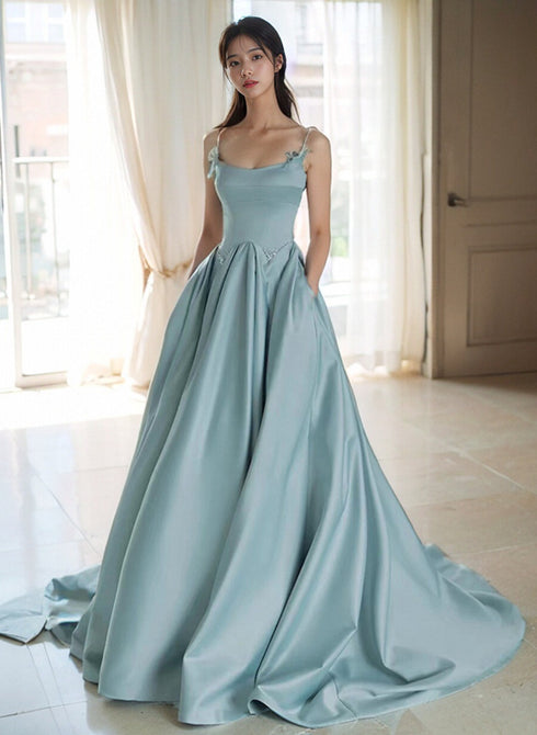 Blue Satin Beaded Straps Long Evening Dress, Blue Satin Prom Dress