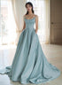 Blue Satin Beaded Straps Long Evening Dress, Blue Satin Prom Dress