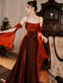 A-line Straps Satin Wine Red Long Party Dress with Sleeves, Wine Red Formal Dress