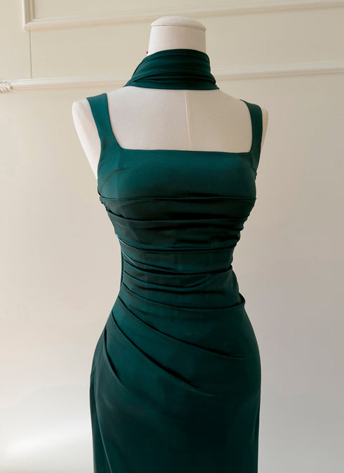 Elegant Emerald Green Satin Evening Dress, Square Neck Ruched Bodycon Maxi Prom Gown