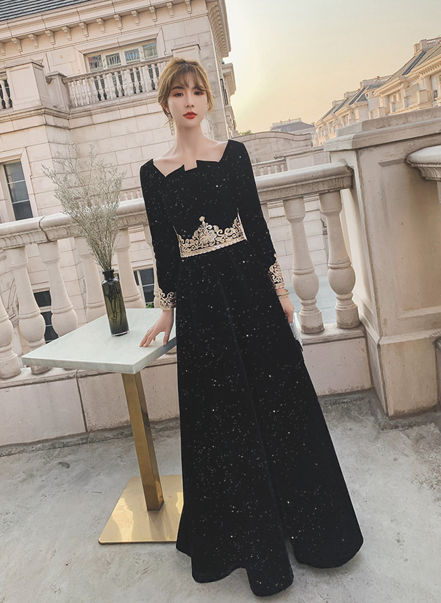 Black Long Sleeves Velvet A-line Formal Dress, Black Floor Length Part