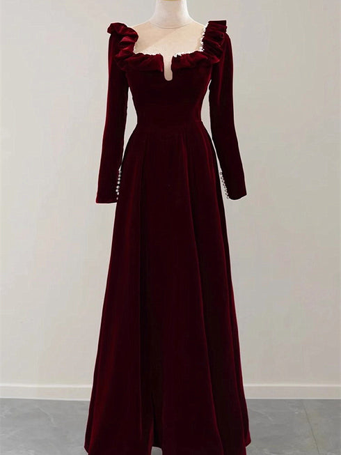 Wine Red Velvet Long Sleeves Beaded Party Dress, A-line Wine Red Evening Dress