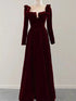 Wine Red Velvet Long Sleeves Beaded Party Dress, A-line Wine Red Evening Dress