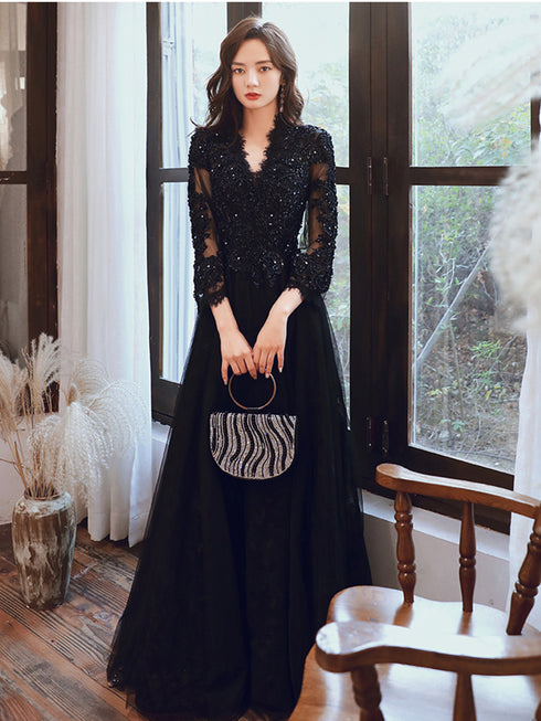 Black Tulle with Lace Long Sleeves A-line Prom Dress, Black Evening Dress Party Dress