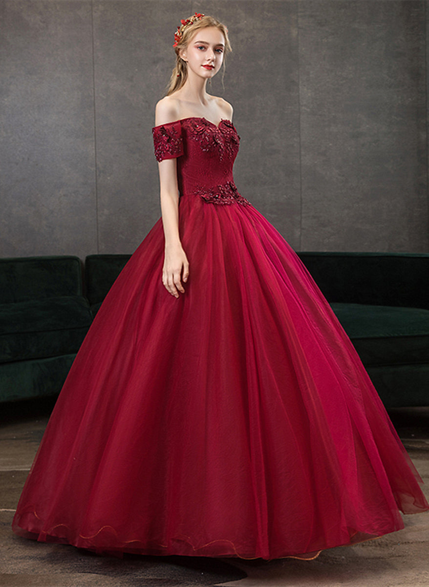 Wine Red Ball Gown Sweetheart Off Shoulder Party Dress, Wine Red Sweet — free download