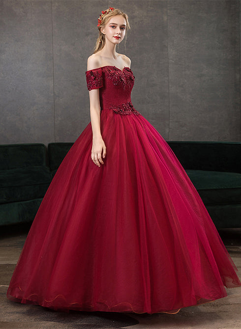 Wine Red Ball Gown Sweetheart Off Shoulder Party Dress, Wine Red Sweet 16 Dress