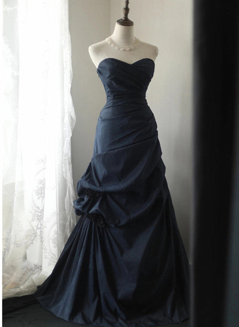 Navy Blue Sweetheart Style Taffeta Long Prom Dress, Navy Blue Party Dress
