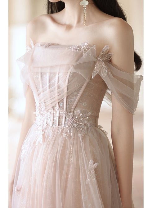 Pink Off Shoulder Tulle Long Formal Dress, Off Shoulder Pink Long Prom Dress