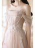 Pink Off Shoulder Tulle Long Formal Dress, Off Shoulder Pink Long Prom Dress