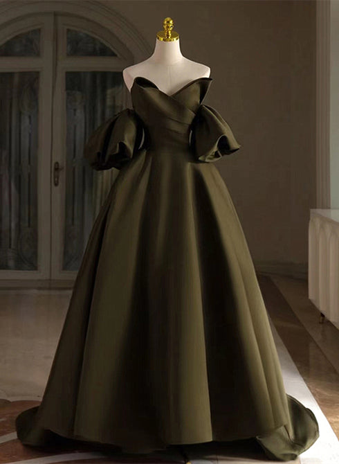 Green Satin Off Shoulder Long Formal Dress, Simple Satin Green Prom Dress Evening Dress