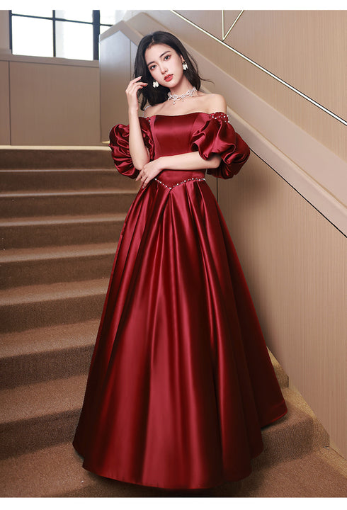 Wine Red Satin Beaded Chic Long Party Dress, Wine Red Puffy Sleeves Prom Dress