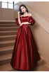 Wine Red Satin Beaded Chic Long Party Dress, Wine Red Puffy Sleeves Prom Dress