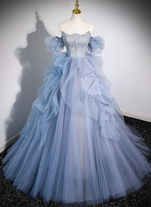 Blue Tulle Long Beaded Off Shoulder Prom Dress, Blue Evening Dress Party Dress