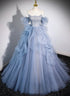 Blue Tulle Long Beaded Off Shoulder Prom Dress, Blue Evening Dress Party Dress