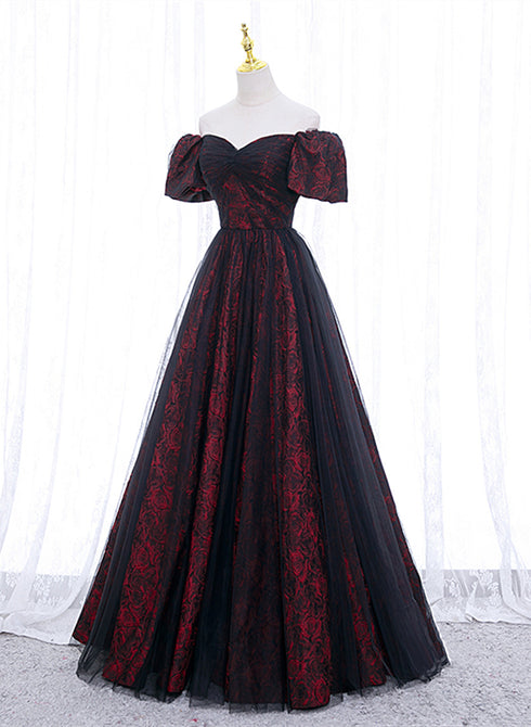 Black and Red Lace Sweetheart Long Party Dress, Black and Red A-line Prom Dress