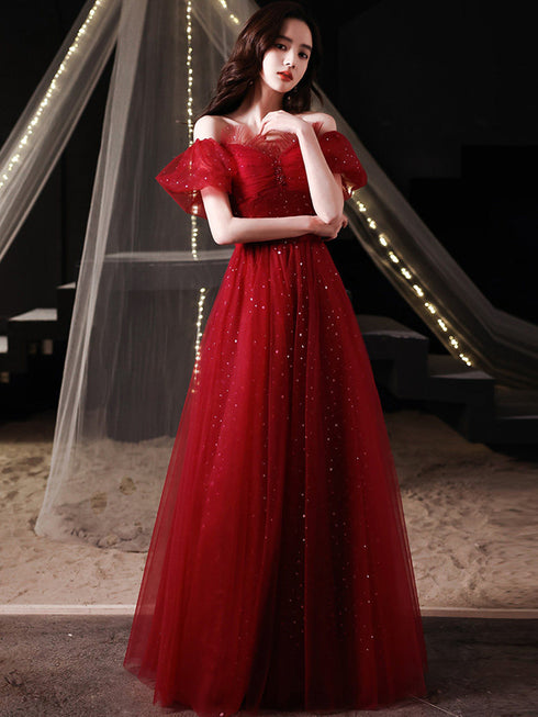 A-line Wine Red Off Shoulder Shiny Tulle Prom Dress, Sweetheart Simple Long Party Dress