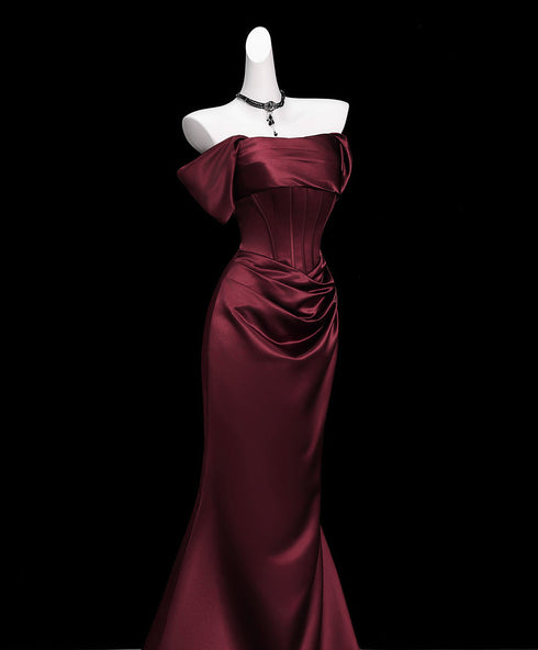 Wine Red Satin Off Shoulder Floor Length Party Dress, Wine Red Strapless Evening Dress