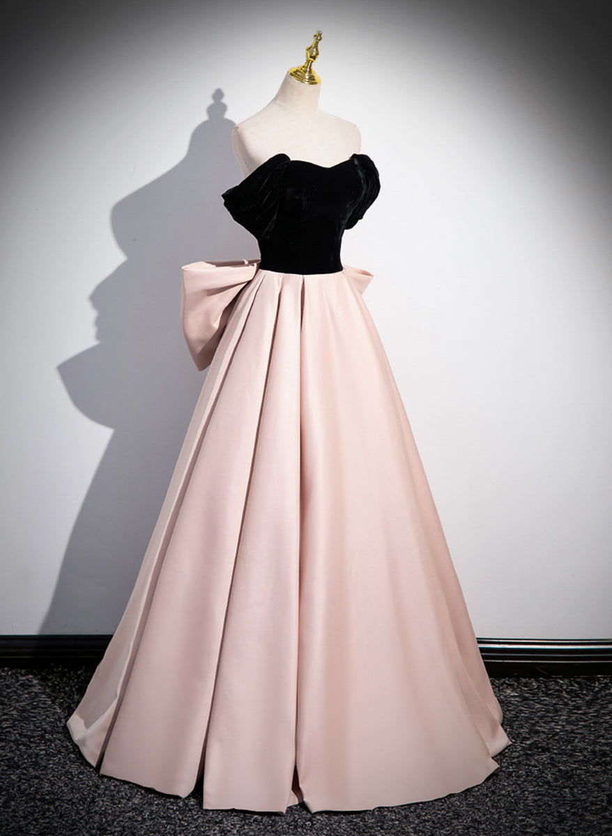 Pink and Black Off Shoulder Long Party Dress with Bow, Pink Long Eveni