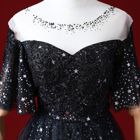 Black A-line Gradient Tulle Short Sleeves Prom Dress, Black Long Evening Dress