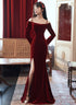 Beautiful Wine Red Velvet Off Shoulder Party Dress, Mermaid Long Prom Dress Evening Dress