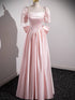 Pink Satin Short Sleeves A-line Floor Length Prom Dress, Pink Satin Party Dress with Bow