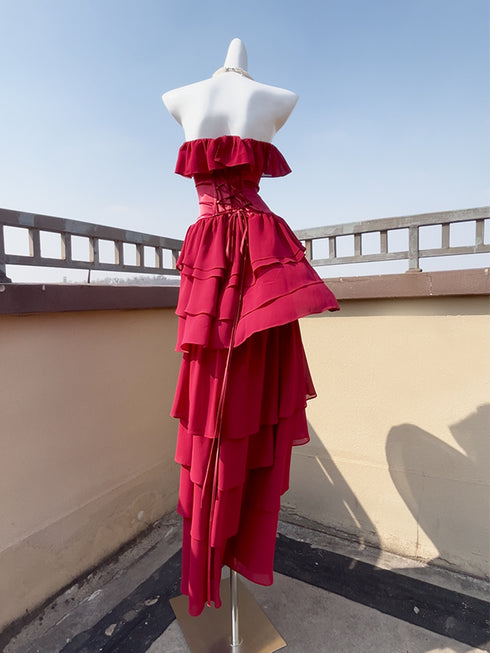 Wine Red Chiffon Layers Strapless Floor Length Party Dress, Wine Red Long Prom Dress