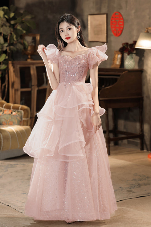 Pink Off Shoulder Tulle Shiny Long Prom Dress, A-line Pink Party Dress Formal Dress
