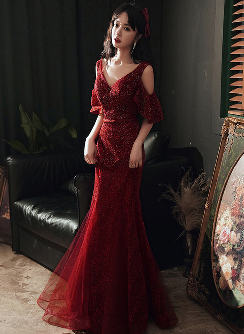 Wine Red Mermaid Tulle Beaded V-neckline Prom Dress, Wine Red Evening Dress