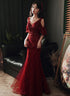 Wine Red Mermaid Tulle Beaded V-neckline Prom Dress, Wine Red Evening Dress