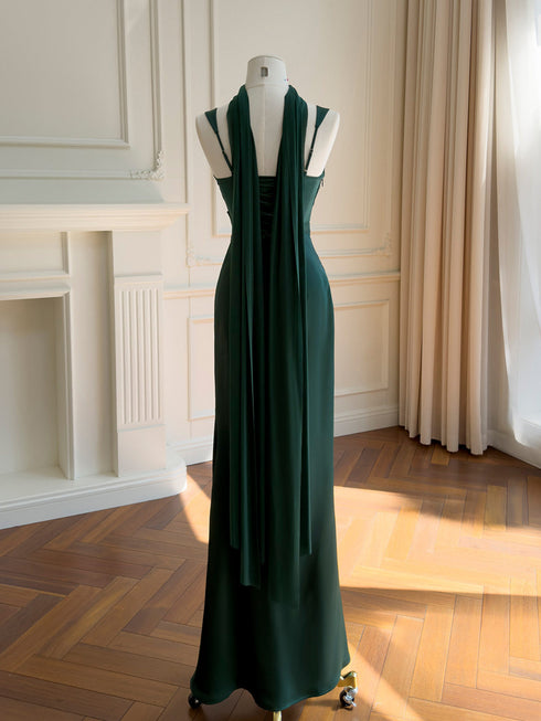 Elegant Emerald Green Satin Evening Dress, Square Neck Ruched Bodycon Maxi Prom Gown
