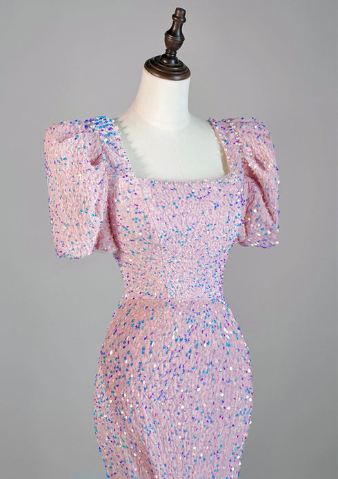 Pink Mermaid Sequins Short Sleeves Long Party Dresss, Pink Sequins Long Formal Dress