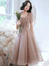 Pink Tulle Short Sleeves Beaded Knee Length Party Dress, Pink Tulle Homecoming Dress
