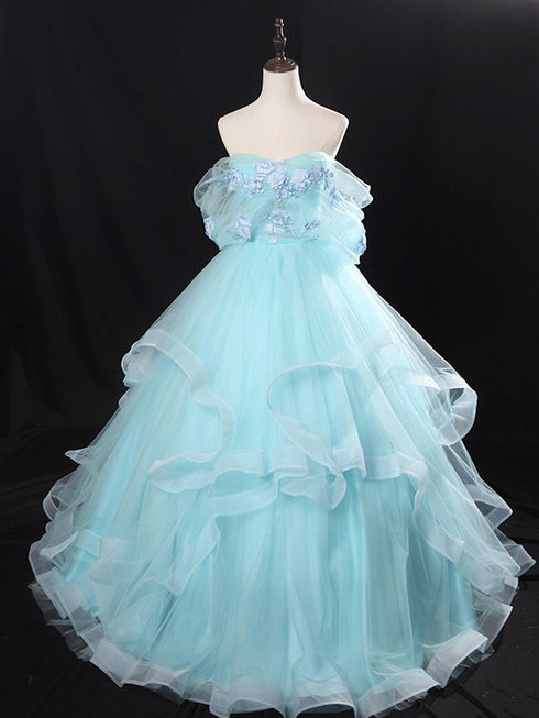 Light Blue Tulle Ball Gown with Floral Lace Applique Party Dress, Off Shoulder Corset Quinceañera Dress