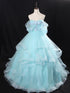 Light Blue Tulle Ball Gown with Floral Lace Applique Party Dress, Off Shoulder Corset Quinceañera Dress