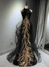 Black Halter Sequins Long Party Dress with God Lace, Black Long Evening Dress
