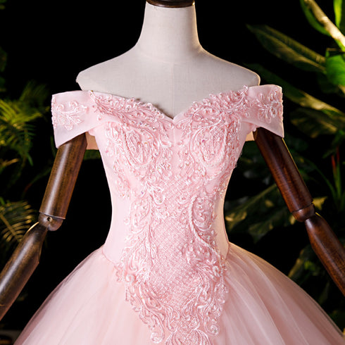 Pink Tulle Off Shoulder Party Dress with Lace Applique, Pink Tulle Sweet 16 Dresses