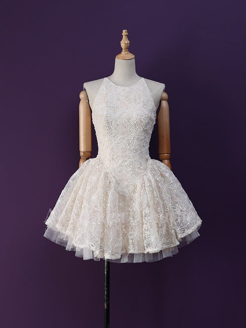 Ivory Lace Halter Short Party Dress Grduation Dress, Lace Halter Short Formal Dress