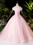 Pink Tulle Off Shoulder Party Dress with Lace Applique, Pink Tulle Sweet 16 Dresses