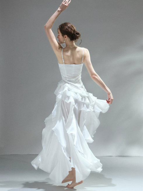 White Satin Straps A-line Long Prom Dress Party Dress, White Layers Long Evening Dress