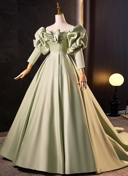Green Satin Off Shoulder Long Formal Dress, Green Long Evening Dress Sweet 16 Dress
