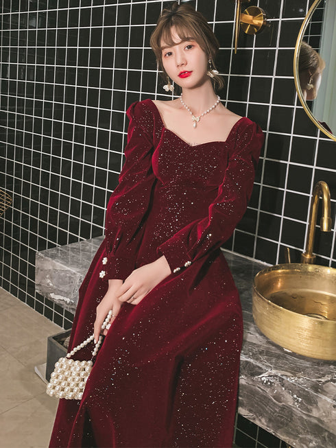 Wine Red Velvet Long Sleeves A-line Party Dress, Wine Red Long Formal Dress