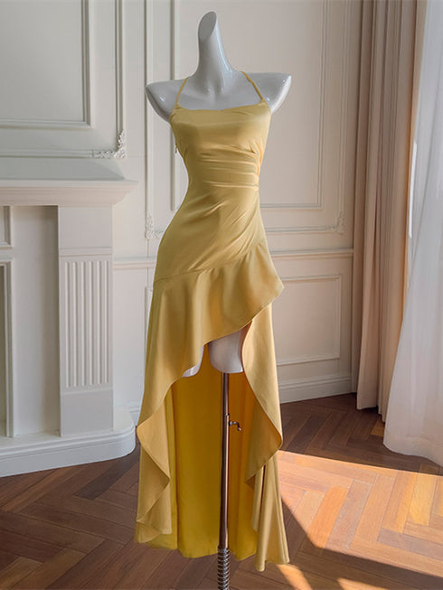 Yellow Satin High-Low Maxi Dress, Ruffled Halter Prom Dress Party Dress