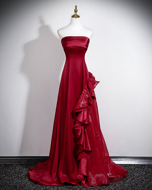 Strapless Wine Red Formal Gown With Organza Skirt, Wine Red Satin A-Line Prom Dress