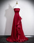 Strapless Wine Red Formal Gown With Organza Skirt, Wine Red Satin A-Line Prom Dress