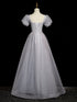 A-line Light Grey Short Sleeves Long Party Dress, Sweetheart Chic Prom Dress Evening Dress