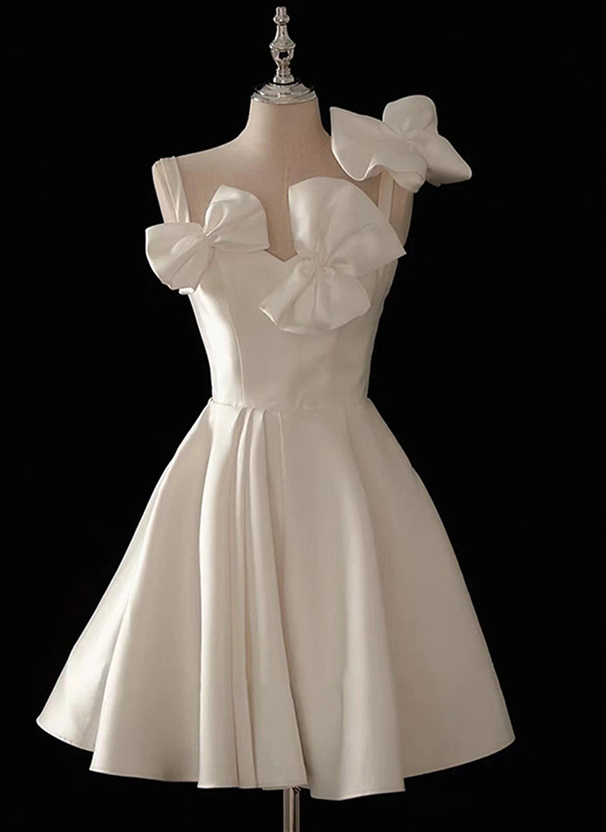 Cute Short White Satin Knee Length Party Dress with Bow, White Graduat